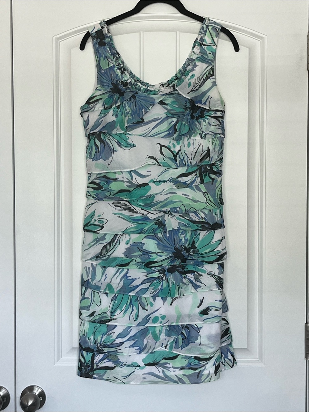 S.L. Fashions Aqua and Teal Tiered Floral Mini Dress Size 6